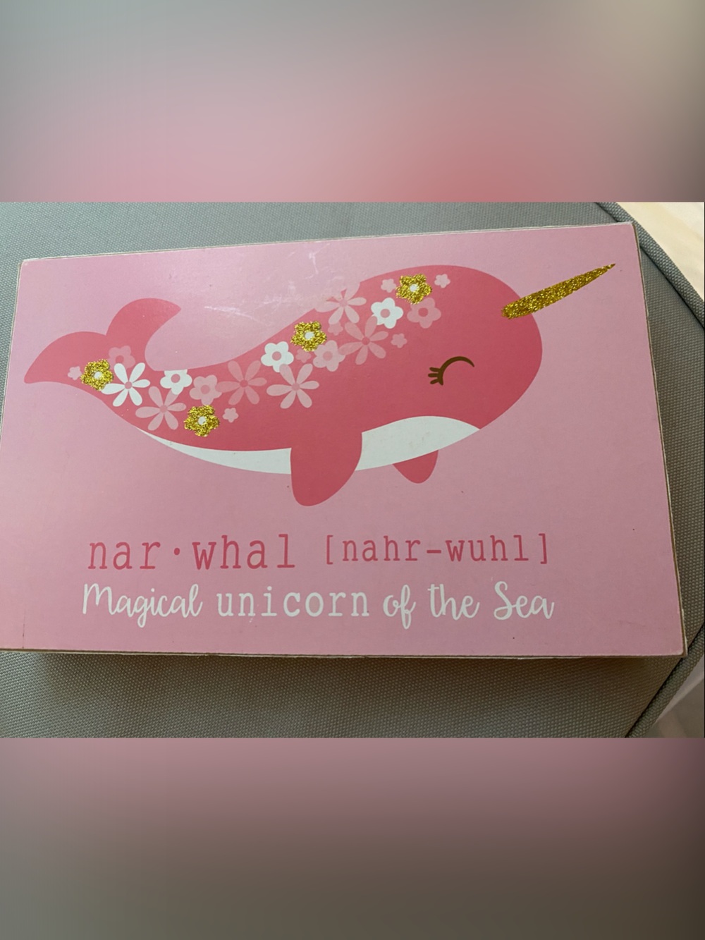 GANZ Pink Narwhal Floral Wall Art with Gold Horn